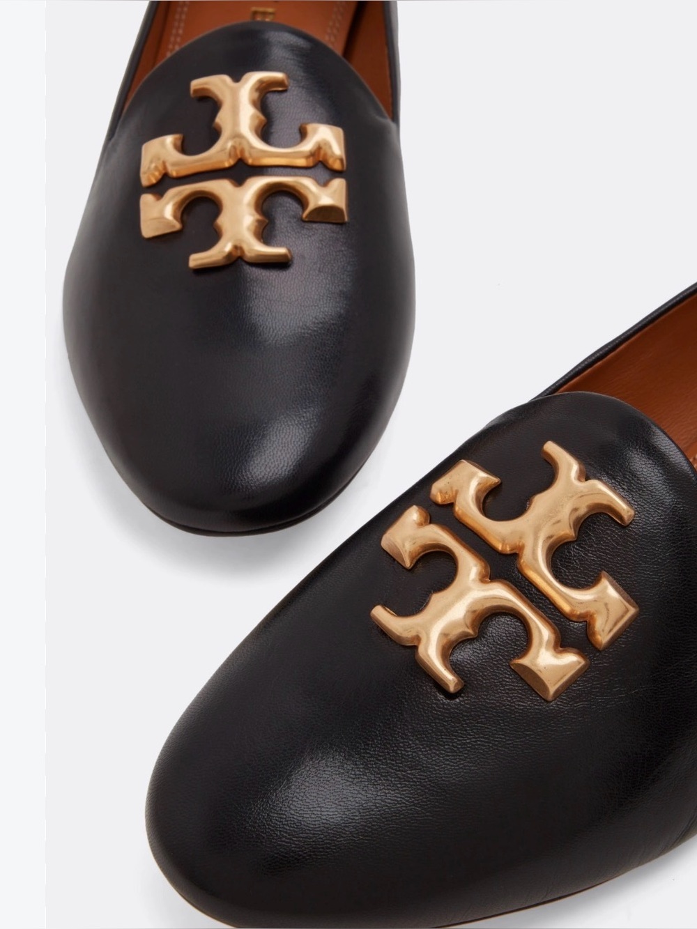 Tory Burch Eleanor Loafers Black Leather Pointed Loafers with Gold Logo Sz 9